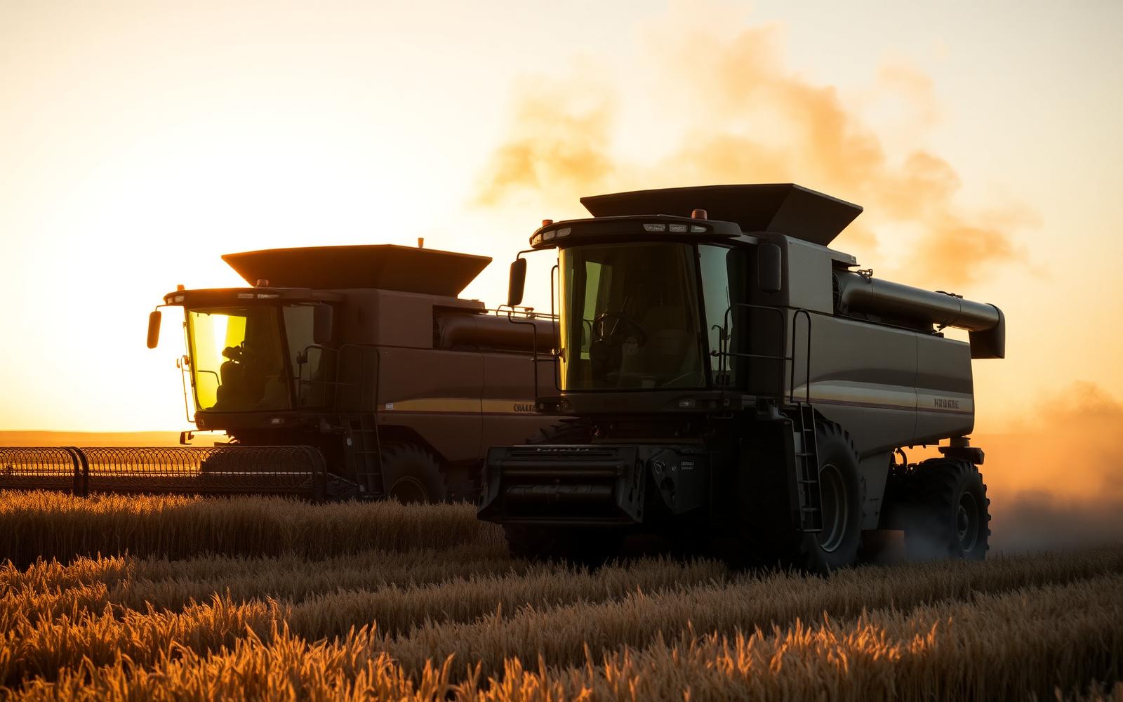 Two combines at sunset