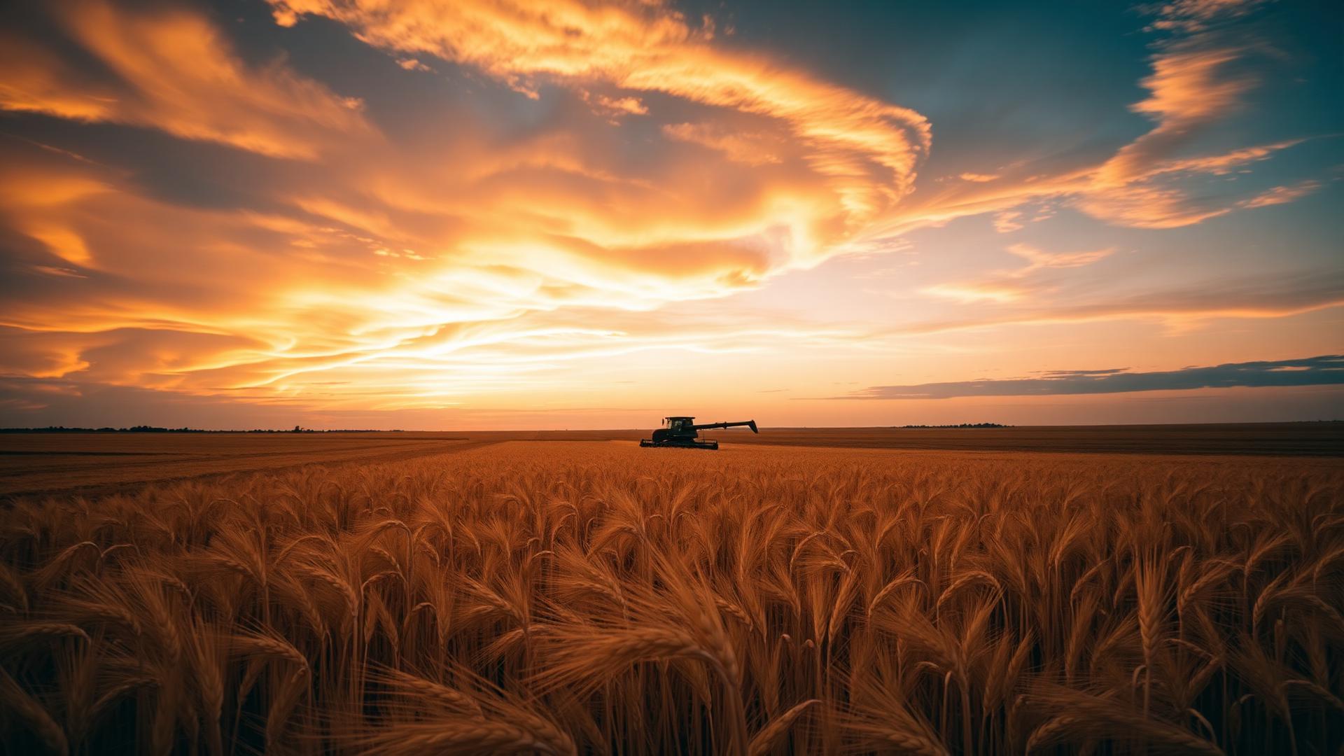 Combine harvesting a prairie wheat field at golden hour