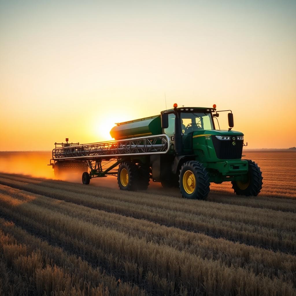 Air-drill seeder working a prairie field at sunrise