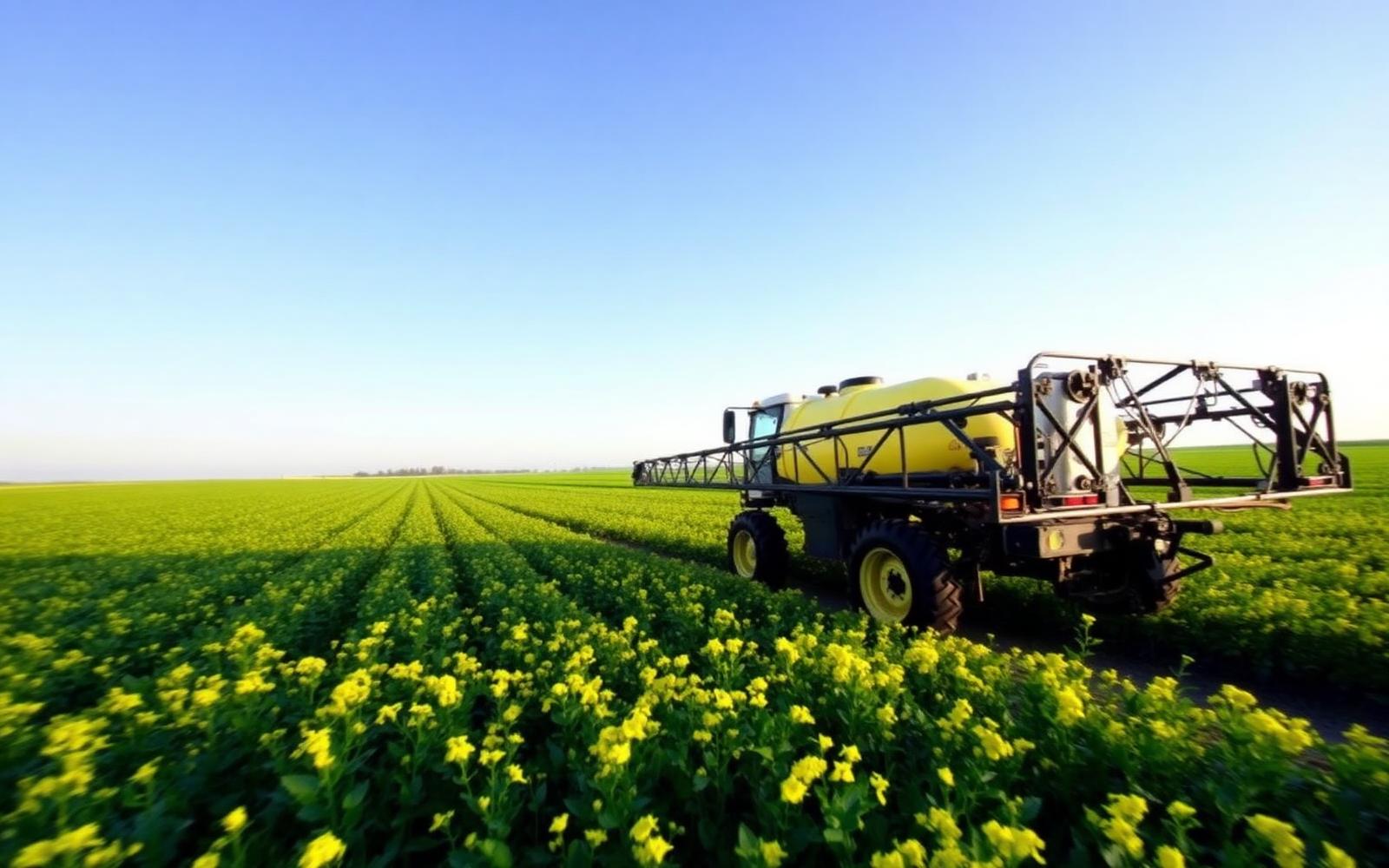 High-clearance sprayer working a canola field
